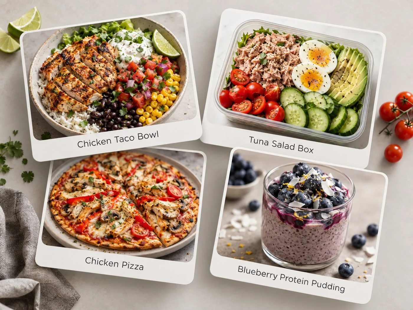 Four meals from the plan: chicken taco bowl, tuna salad box, chicken pizza and blueberry protein pudding
